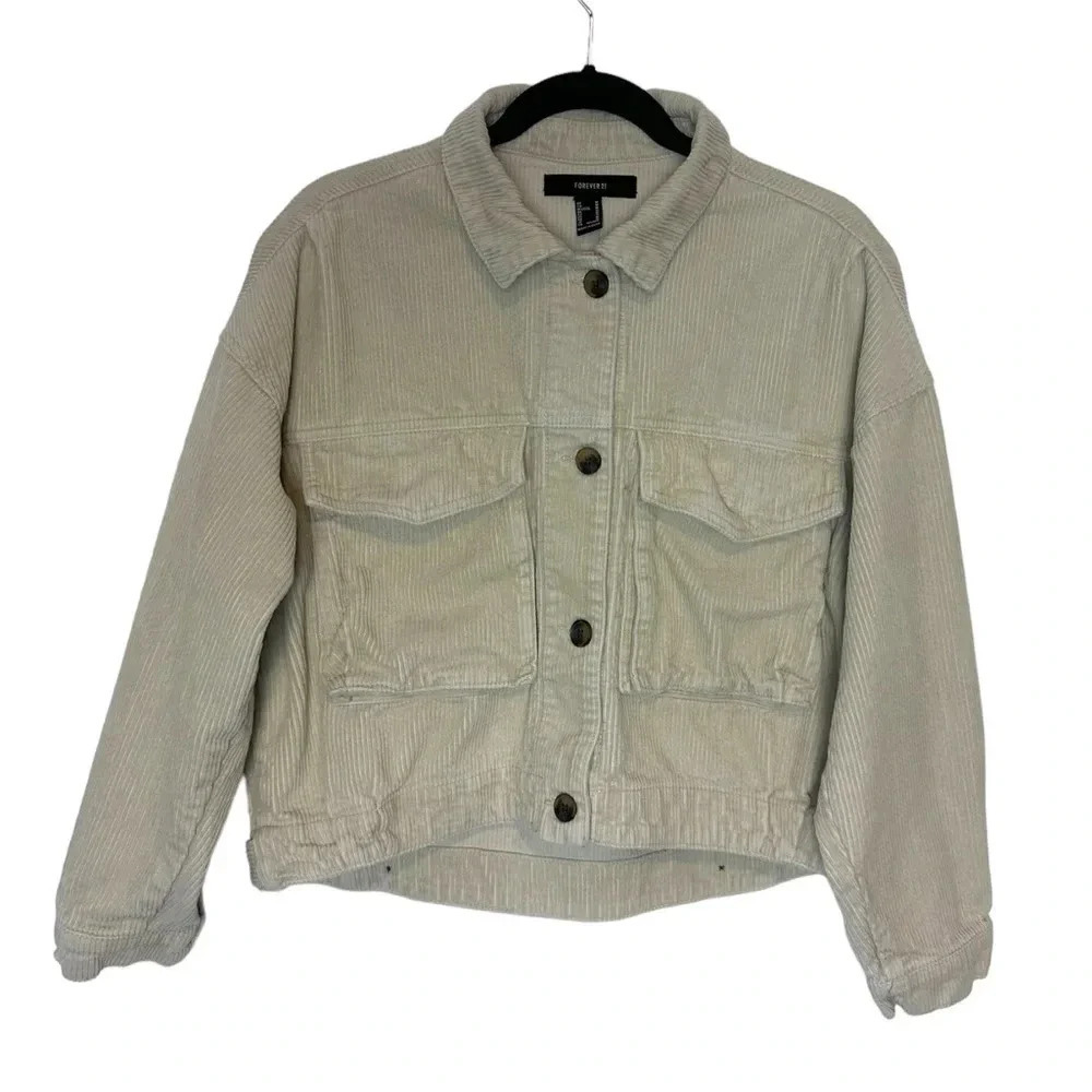 Forever 21 Corduroy Jacket Medium‎ Cream Oversized Button Front Boxy Trucker